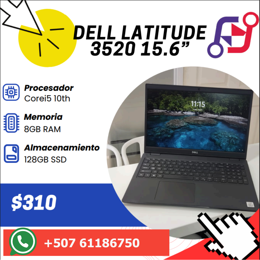La Dell Latitude 3520 combina rendimiento y elegancia.

Procesador: Intel Core i5 de 10ª generación
Memoria RAM: 8 GB DDR4
Almacenamiento: 128 GB SSD
Pantalla: 15.6" Full HD antirreflejo
Gráficos: Intel Iris Xe Graphics
Batería: Hasta 54 Wh para mayor duración
Conectividad: Wi-Fi 6 y Bluetooth 5.1
Diseño: Delgado y ligero, ideal para profesionales

Incluye 3 MESES DE GARANTÍA
Precio: $310
Contáctanos vía WhatsApp: +507 61186750
Explora más en: www.targgio.com
